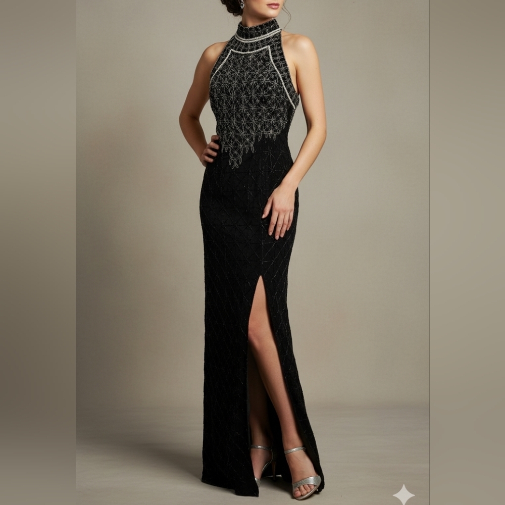 Papell Boutique Evening Black Beaded Maxi Dress